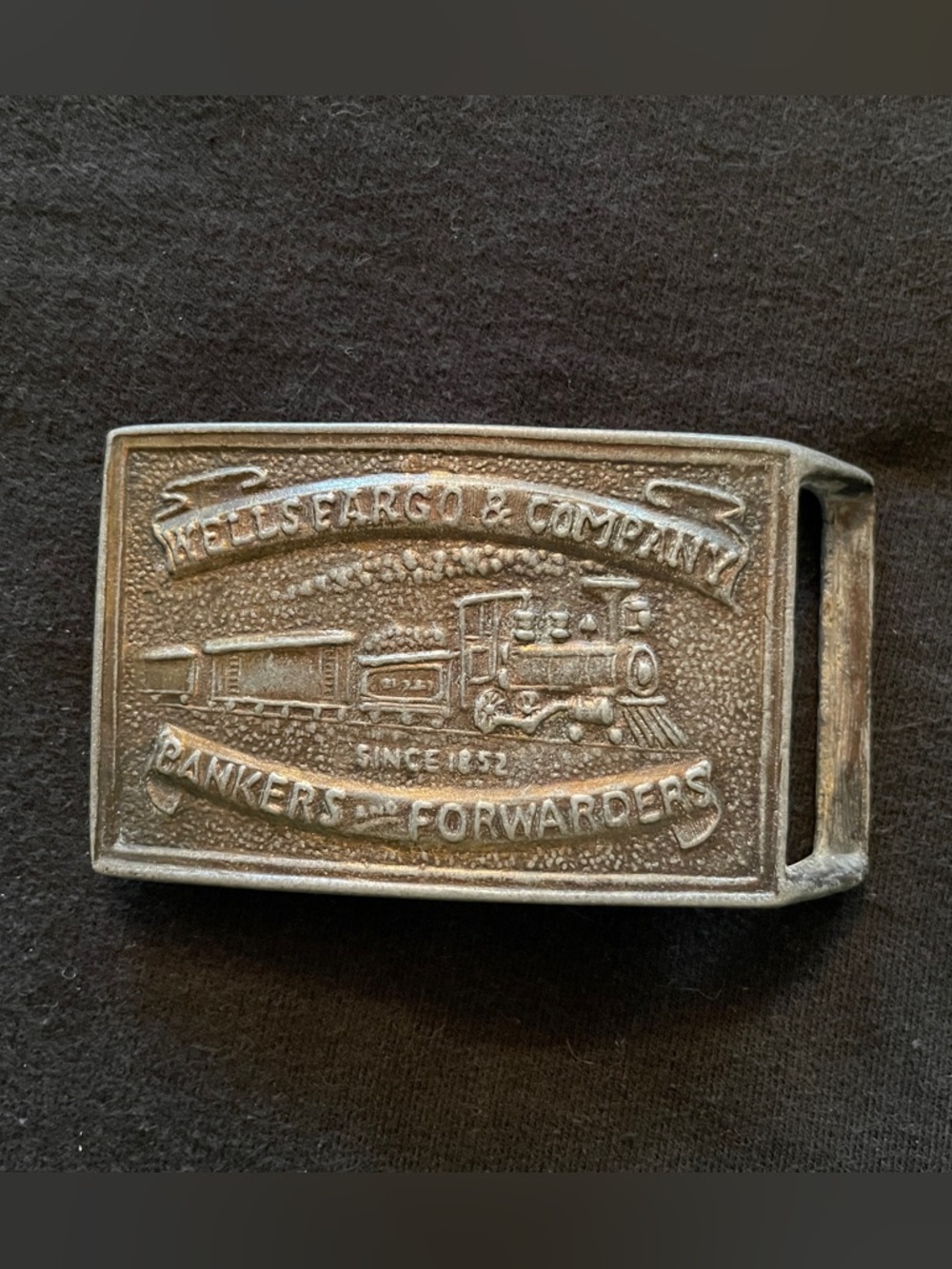 Vintage Wells Fargo & Company Train Belt Buckle in Aged Silver Tone